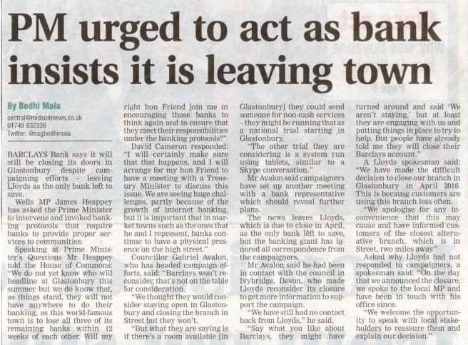 PM urged to act as bank insists it is leaving town CSG 28th January 2016