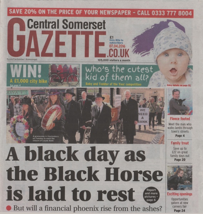 A black day as the Black Horse is laid to rest - Front Page, Central Somerset Gazette, 7th April 2016