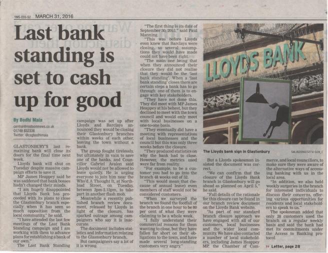 Last bank standing is set to cash up for good - Central Somerset Gazette, 31st March 2016