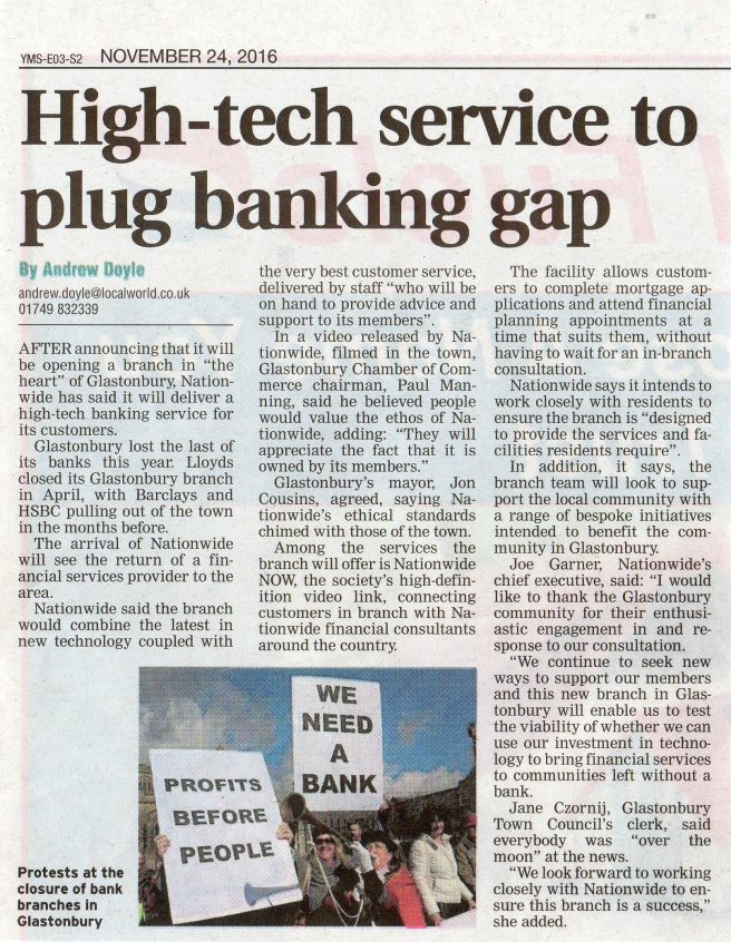 ‘High-tech service to plug banking gap’ from Central Somerset Gazette, 24th November 2016.