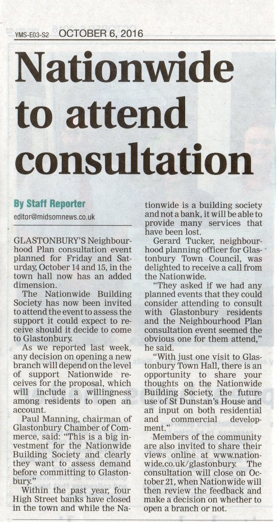‘Nationwide to attend consultation’ from the Central Somerset Gazette, 6th October 2016.