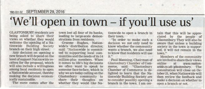 ‘We’ll open in town if you’ll use us’ from the Central Somerset Gazette, 29th September 2016